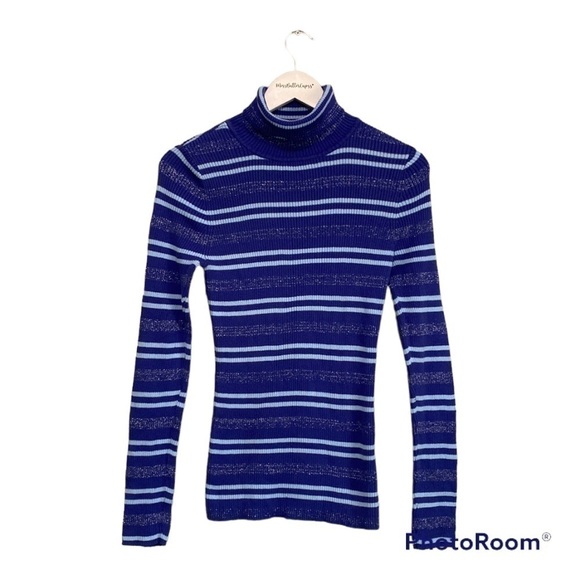 Basic Editions Blue Striped Long Sleeve Turtleneck Sweater | NWOT | Medium - Picture 1 of 10
